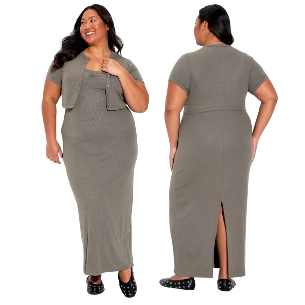 Wild Fable Women's Taupe Ribbed 2pc Maxi Dress and Cardigan‎ Set Size XXL